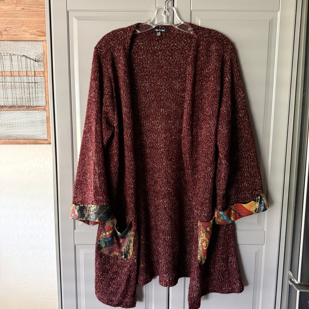 Yak & Yeti  Women's Boho Tapestry Trim Open Front Knit Cardigan, Maroon, L/XL